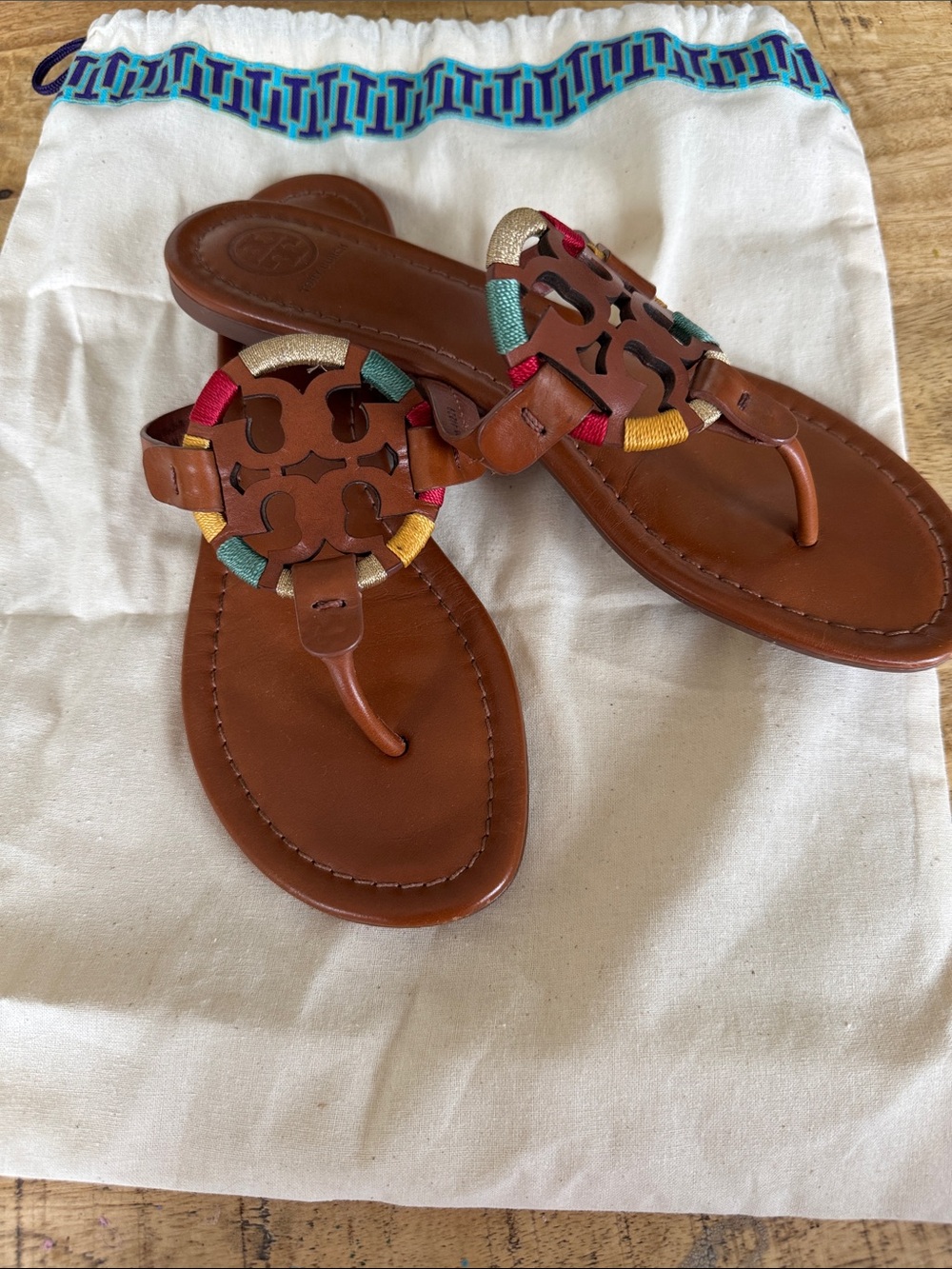 Tory Burch Tan Leather Thong Sandals with Multicolor Woven Accents